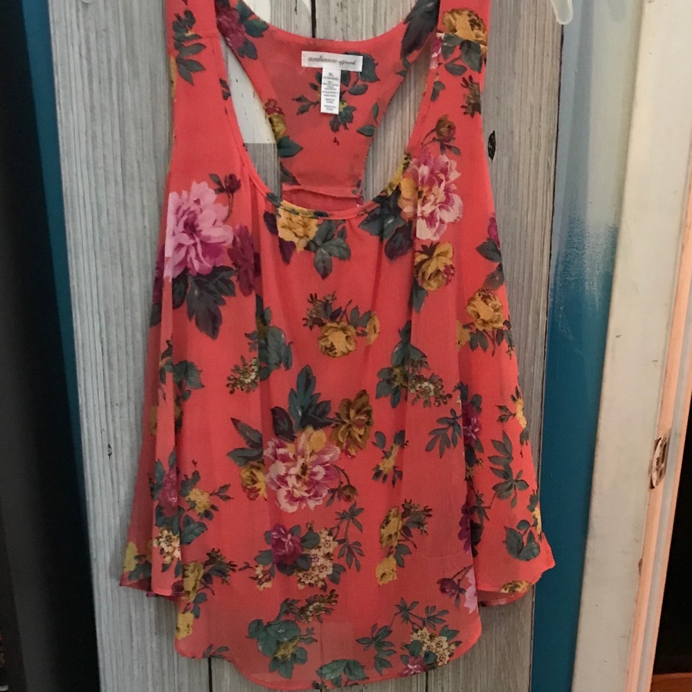Lined racerback floral tank top.